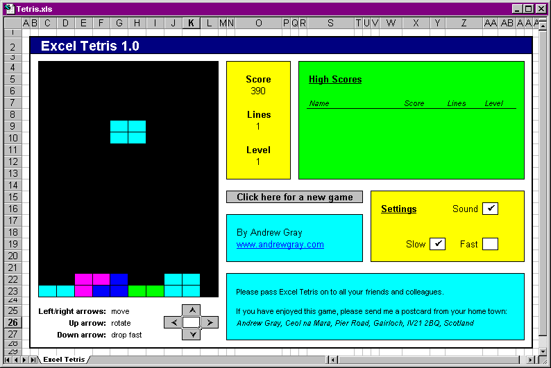 Excel Tetris Screenshot